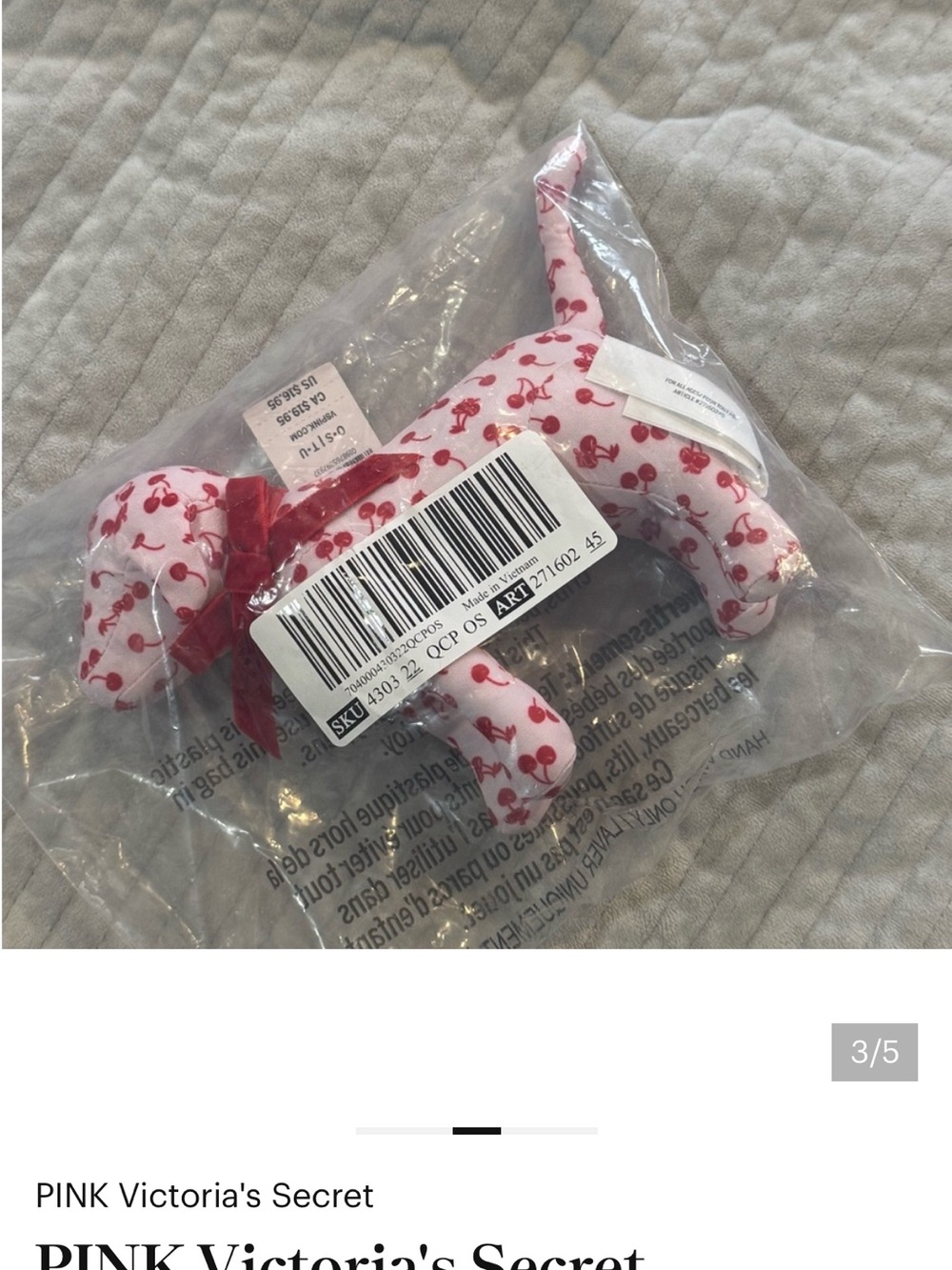 PINK Victoria's Secret Pink Plush Dog with Red Cherry Print
